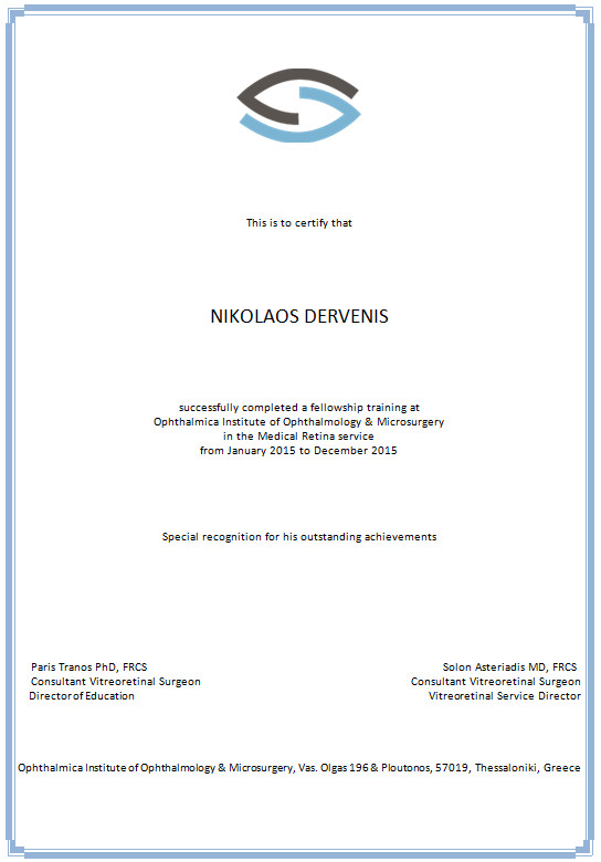nikolaos Dervenis fellowship certificate
